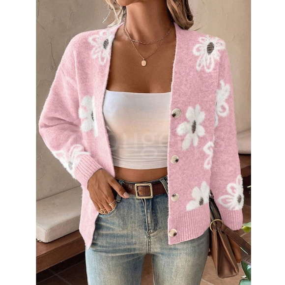 Pink Cardigan Knit Flower Textured Button Front Stretchy, Soft - Picture 4 of 9